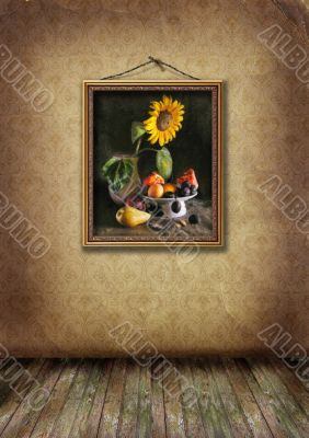 picture in a frame hangs on an old wall picture in a frame hangs on an old wall