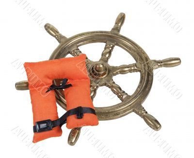 Brass Ship Wheel and Life Vest