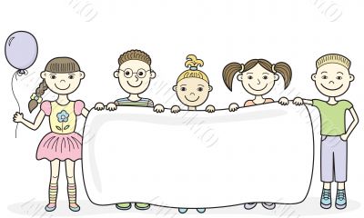 Cartoon children holding empty banner