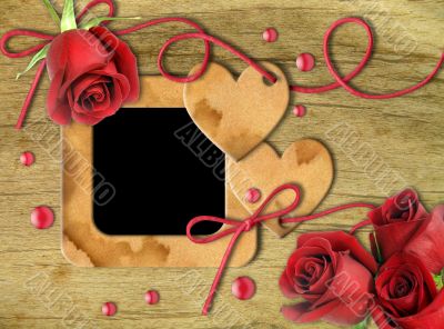 Vintage photo frames, red roses and heart