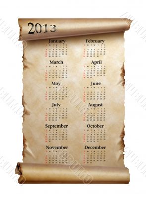 Calendar 2013. Scroll of old paper with curled edges isolated