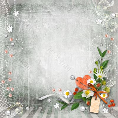 Grey textured background vintage with flowers. 