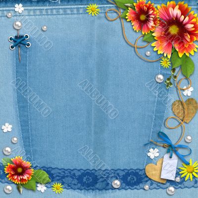 Blue denim background with flowers, lace and pearls. 