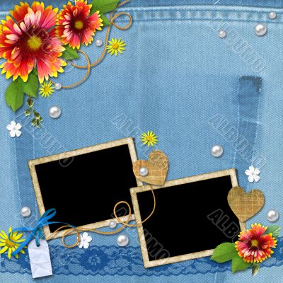 Denim background with frame for photo with flowers, lace and pea