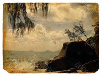 Tropical landscape, Seychelles. Old postcard