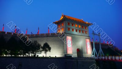 Night scenes of the famous city wall of Xian