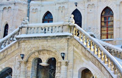 Staircase  of the church built in russian gothic style 
