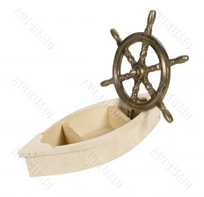 Wooden Boat and Brass Steering Wheel