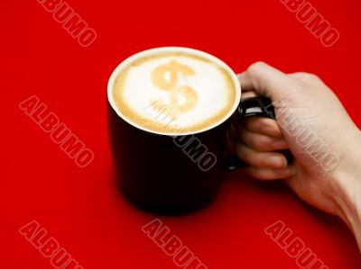 hand grabbing coffee cup with dollar sign