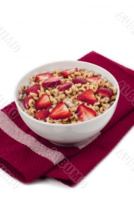 fruity cereal on a red table napkin