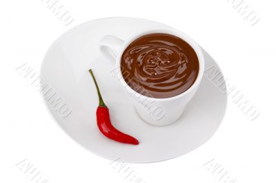 chilly pepper and cup of chocolate in a plate