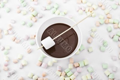 marshmallow in a stick and melted chocolate