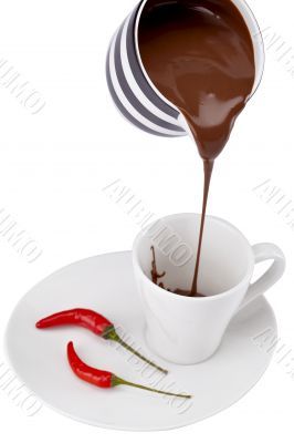 melted chocolate measuring cup and chili