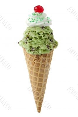 ice cream cone with icing and cherry above