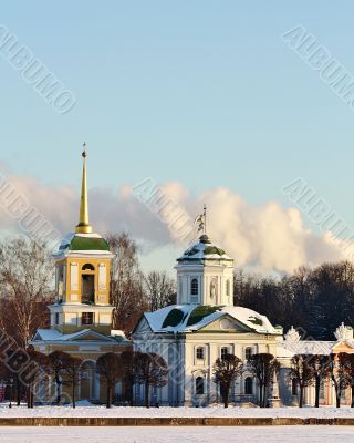 Kuskovo estate. View of the palace church with a bell tower from