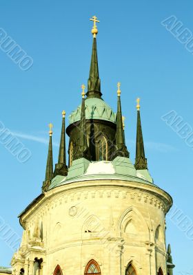 Top f the church built in russian gothic style (pseudo gothic)