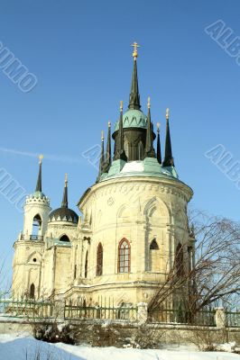 White stone church built in russian gothic style (pseudo gothic)