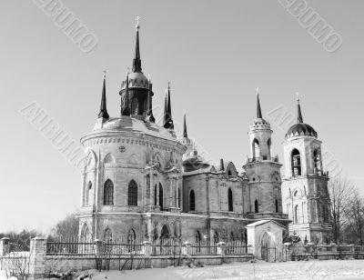 White stone church built in russian gothic style (pseudo gothic)