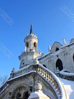 White stone church built in russian gothic style (pseudo gothic)