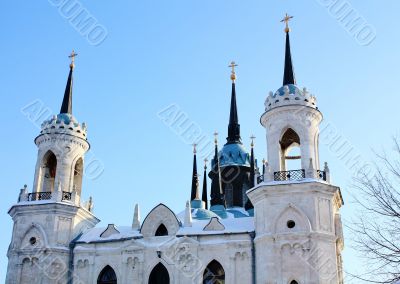 White stone church built in russian gothic style 