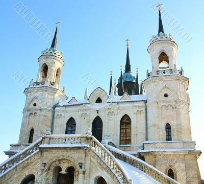 White stone church built in russian gothic style 