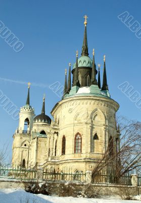 White stone church built in russian gothic style 