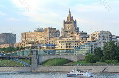 View of the bridge and embankment across the river