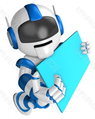 Lift up a blue robot Board. 3D Robot Character