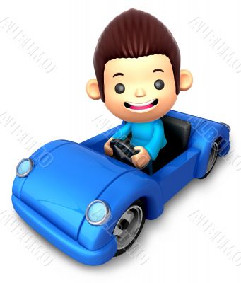 Boy riding in an Blue open car. 3D Children Character