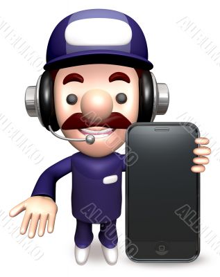 Smartphone showing service man. 3D Business Character