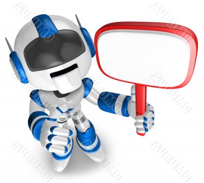 Blue Robot holding a signpost. 3D Robot Character