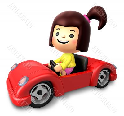 Red sports car ride girls. 3D Children Character Red sports car ride girls. 3D Children Character