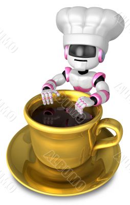 Chef leaning on a Gold cup of coffee. 3D Robot Character