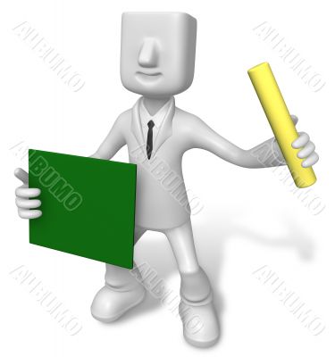 Business man holding a blackboard and chalk. 3D Business Charact Business man holding a blackboard and chalk. 3D Business Charact