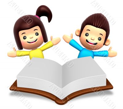 A boys and girls in the big book reading. 3D Children Character A boys and girls in the big book reading. 3D Children Character