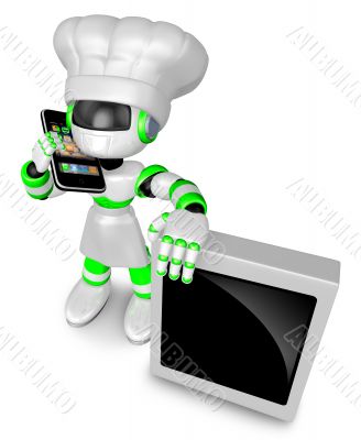 A Chef Robot during a phone call. 3D Robot Character A Chef Robot during a phone call. 3D Robot Character