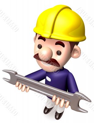 Construction site man holding a spanner. 3D construction works C Construction site man holding a spanner. 3D construction works C