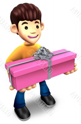 Young man holding a gift box long. 3D Family Character