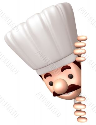 Chef stuck his head out of a signboard. 3D Chef Character Chef stuck his head out of a signboard. 3D Chef Character