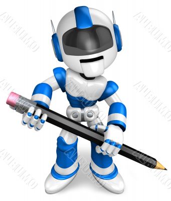 The writing with a pencil a Blue Robot. 3D Robot Character