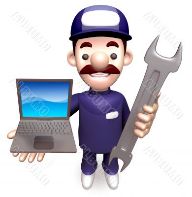 The Man Grasp the laptop and spanner. 3D Service Man Character