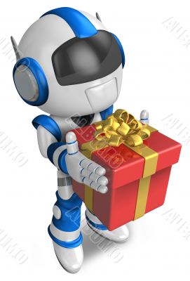 Blue robot holding a gift faintheartedly. 3D Robot Character