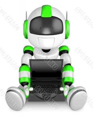 Laptop sitting on the green robot. 3D Robot Character