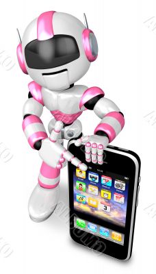 The Smartphone Point to A Pink robots. 3D Robot Character The Smartphone Point to A Pink robots. 3D Robot Character