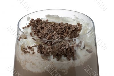 chocolate milk shake with whipped cream and chocolate shavings