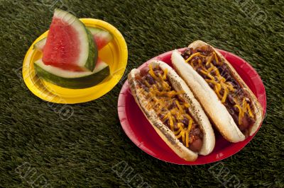 hotdog sandwiches and watermelon