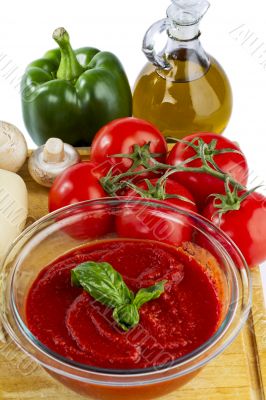 tomato sauce with tomato olive oil  green paper and mushroom