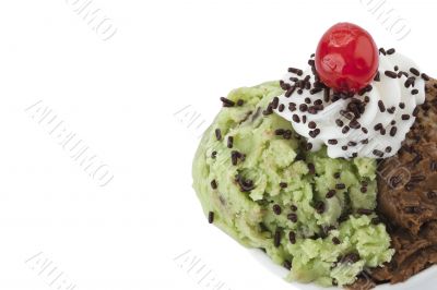 a bowl with chocolate and mint ice cream