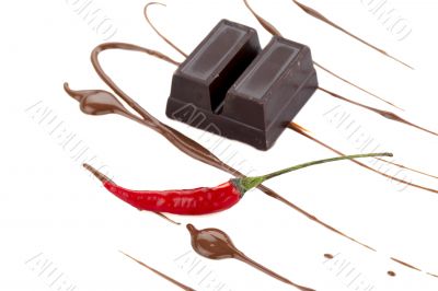 two sliced chocolate bar with syrup and chili