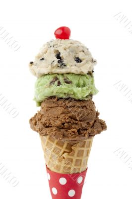 three flavor in one ice cream cone with cherry three flavor in one ice cream cone with cherry